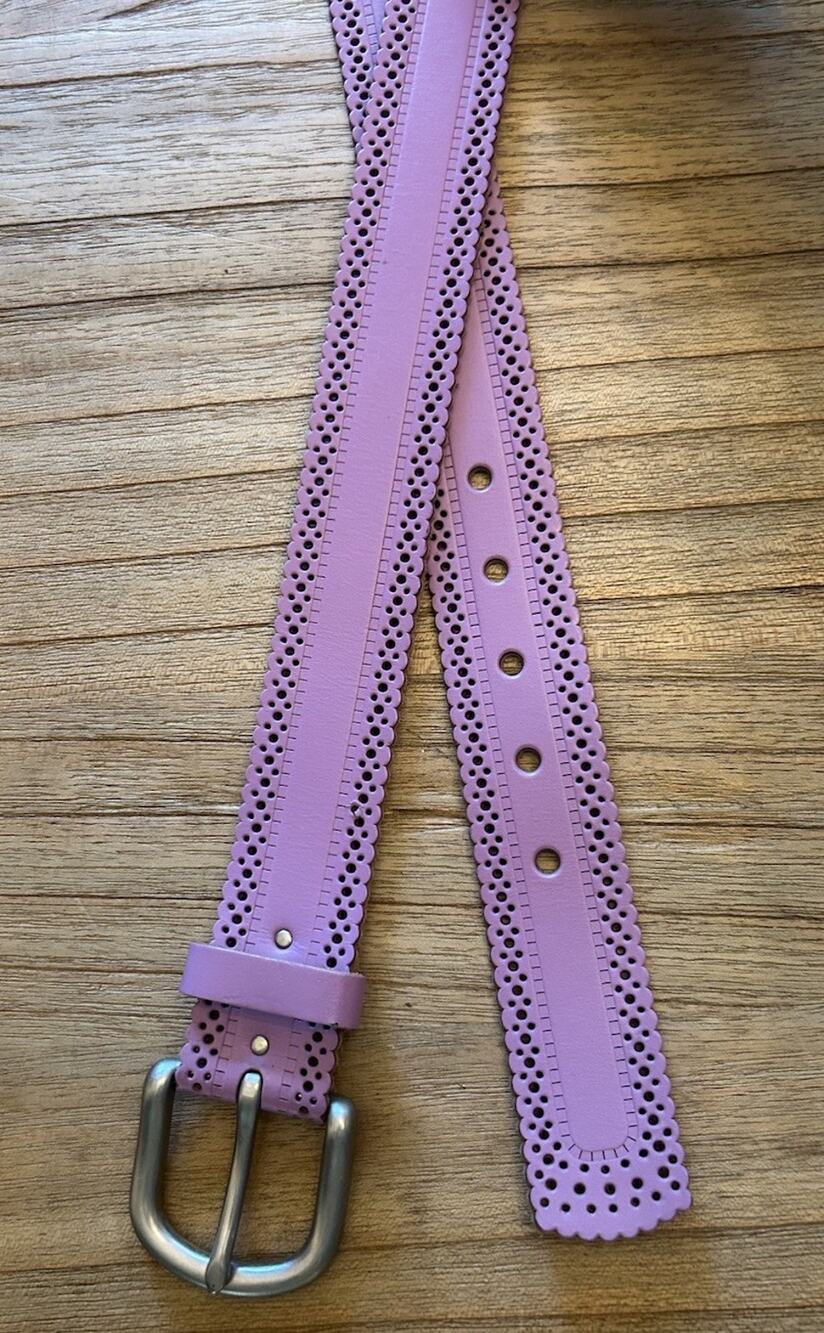 Purple Scalloped Genuine Leather Tooled Belt Sz Medium Silver Buckle Cowgirl EUC